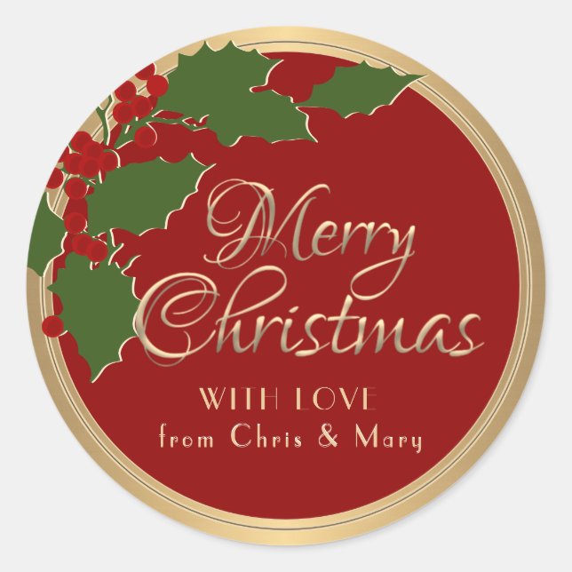 Fancy Script Gold Merry Christmas with Love from   Classic Round Sticker (Front)