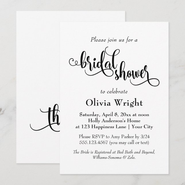 Fancy Script Letters Black & White Bridal Shower Invitation (Front/Back)