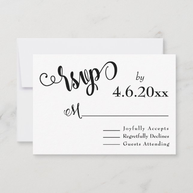 Fancy Script Letters Black & White Wedding RSVP Card (Front)