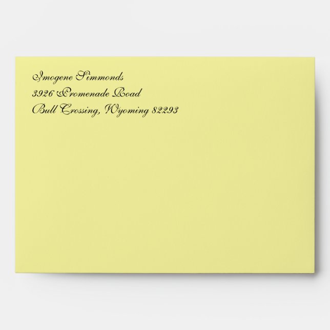Fancy Script Light Yellow A7 Return Address Envelope (Front)