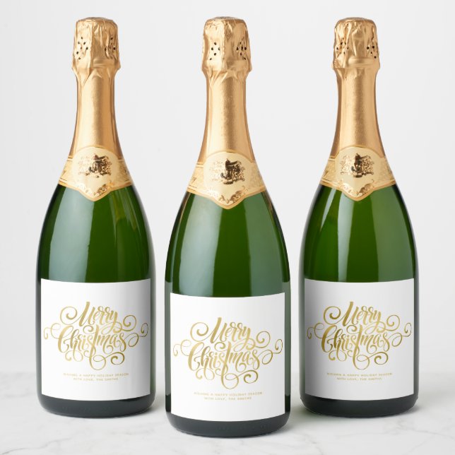  Fancy Script "Merry Christmas" Personalized Sparkling Wine Label (Bottles)