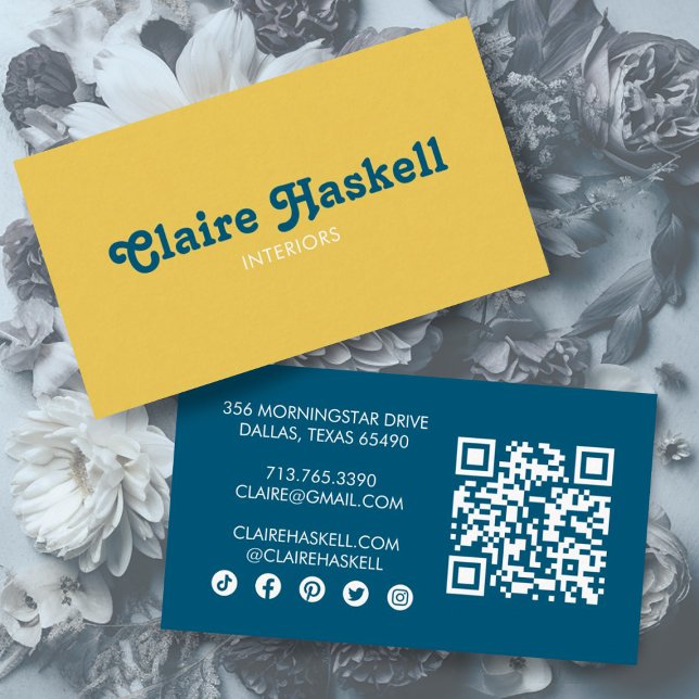Fancy Script Mustard Yellow Chic Minimal Social QR Business Card (Edit the social media icons and QR code to suit your needs on these custom script business cards)