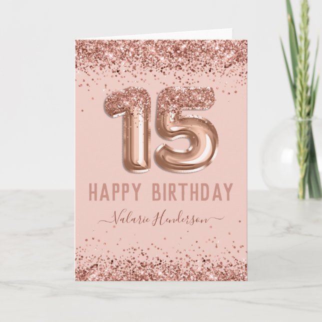 Fancy Script Pink Glitter Happy 15th Birthday Card (Front)