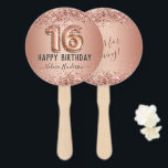 Fancy Script Pink Glitter Happy 16th Birthday Hand Fan<br><div class="desc">Girly glitter,  millennial pink background,  with fancy script name typography. Faux rose gold 16 balloon text. Great for sweet 16 celebrations.</div>