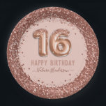 Fancy Script Pink Glitter Happy 16th Birthday Paper Plate<br><div class="desc">Girly glitter,  millennial pink background,  with fancy script name typography. Faux rose gold 16 balloon text. Great for sweet 16 celebrations.</div>