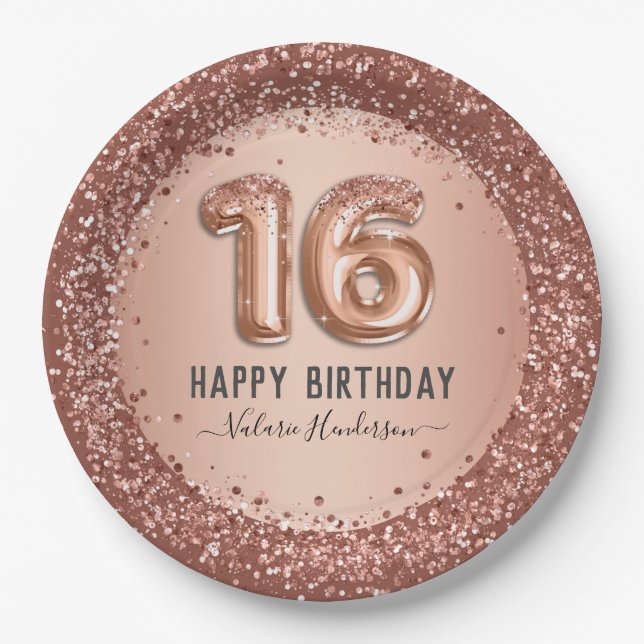 Fancy Script Pink Glitter Happy 16th Birthday Paper Plate (Front)
