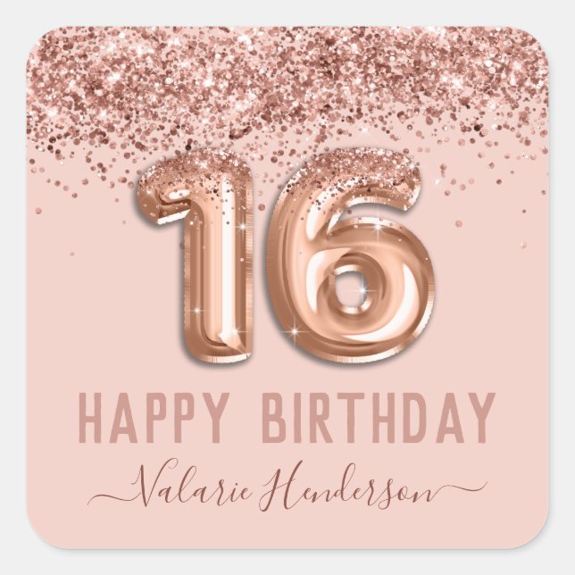 Fancy Script Pink Glitter Happy 16th Birthday Square Sticker (Front)
