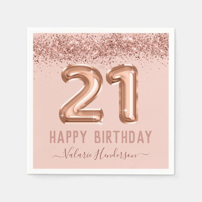 Fancy Script Pink Glitter Happy 21st Birthday Napkin (Front)