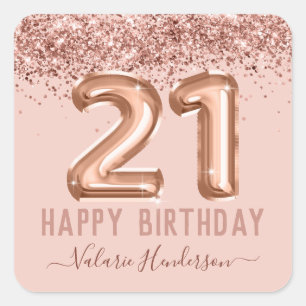Fancy Script Pink Glitter Happy 21st Birthday Square Sticker