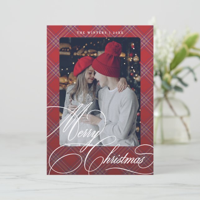 Fancy Script Plaid Custom Christmas Greeting Card (Standing Front)