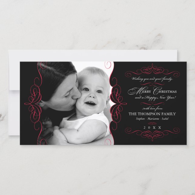 Fancy Scroll Black & Red Christmas photo card (Front)