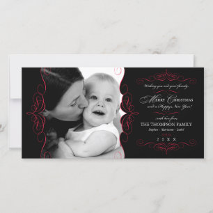 Fancy Scroll Black & Red Christmas photo card