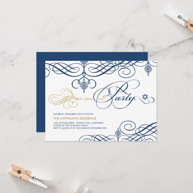 Fancy Scrolls Eat Drink & Party Hanukkah Holiday Invitation (Front/Back In Situ)