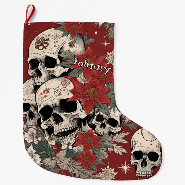 Fancy Silkscreen Style Skull Christmas Large Christmas Stocking (Front)