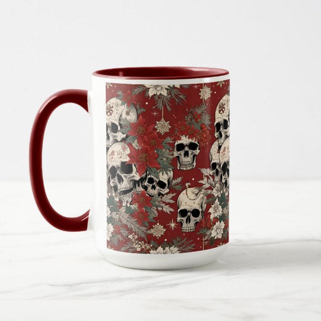 Fancy Silkscreen Style Skull Christmas Mug (Left)