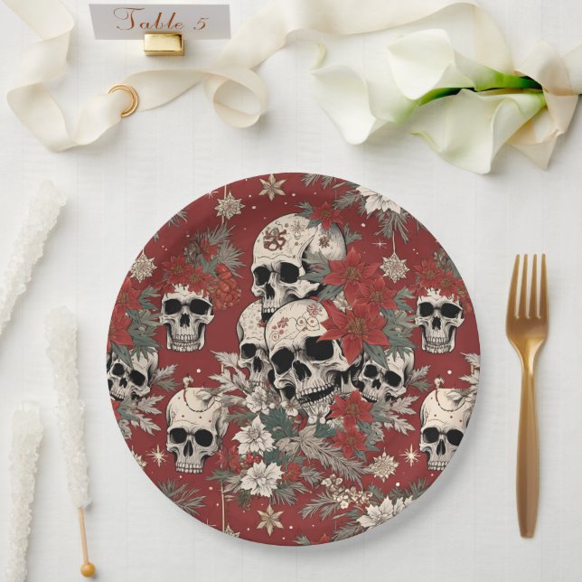 Fancy Silkscreen Style Skull Christmas Paper Plate (Wedding)