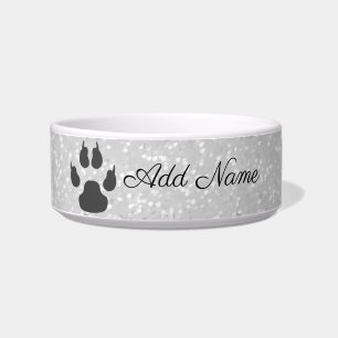 Fancy Silver Faux Glitter Paw Print Customized Pet Bowl