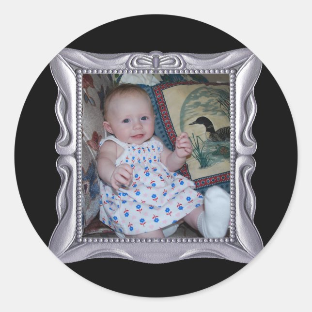 Fancy Silver Frame Add Photo Here Classic Round Sticker (Front)