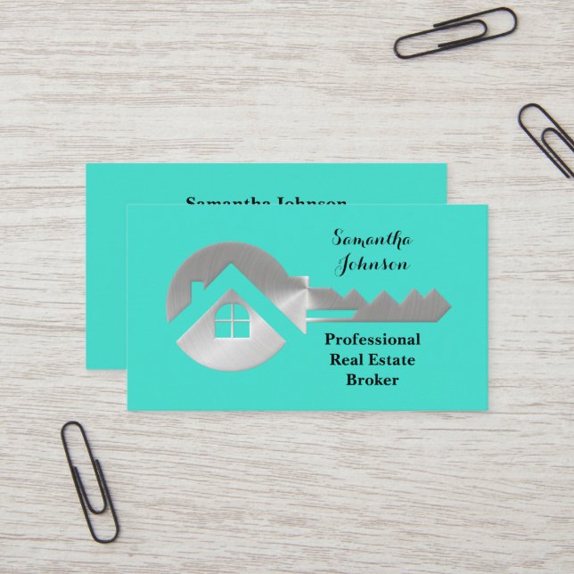 Fancy Silver Key Real Estate Broker Business Card (Front/Back In Situ)
