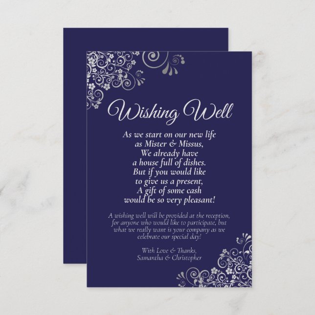 Fancy Silver & Navy Blue Wedding Wishing Well Poem Enclosure Card (Front/Back)