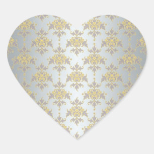 Fancy Silver White and Yellow Damask Heart Sticker