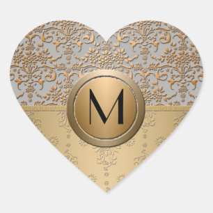 Fancy Simulated Gold and Silver Monogram Damask Heart Sticker