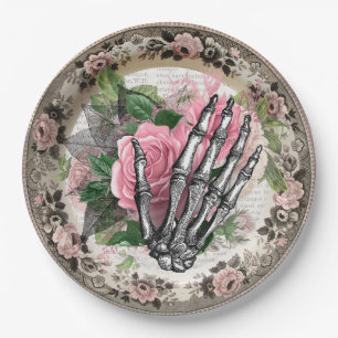 Fancy Skeleton Hand with Roses Vintage Halloween Paper Plate