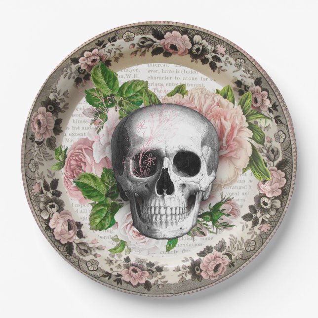 Fancy Skull with Roses Vintage Halloween Paper Plate (Front)