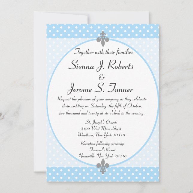 Fancy Sky Blue Polka Dots Wedding Invitation (Front)