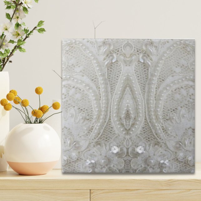 fancy sophisticated sequins pearl white lace tile (fancy sophisticated sequins pearl white lace ceramic tile)