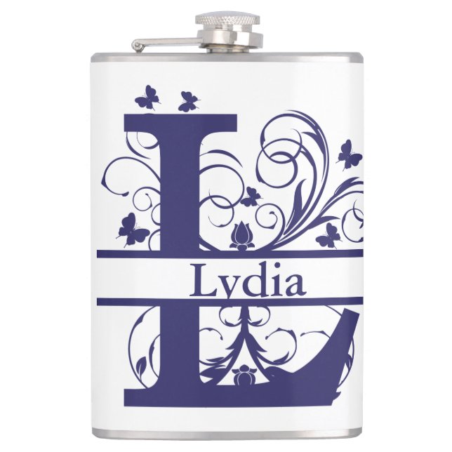 Fancy Split Monogram Letter "L" Customizable Hip Flask (Front)