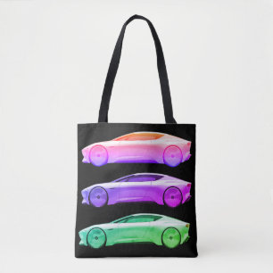Fancy Sports Cars in Bold Colors Are on a Shopping Tote Bag