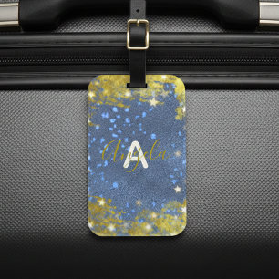 Fancy Starry Glittery Blue And Gold Girly Custom Luggage Tag