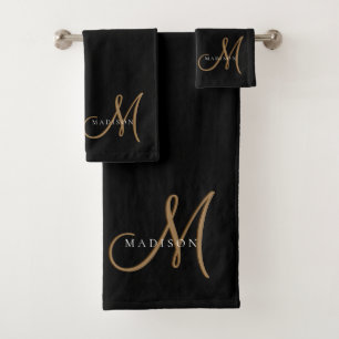 Fancy Stylish Black and Gold Monogram Script Bath Towel Set