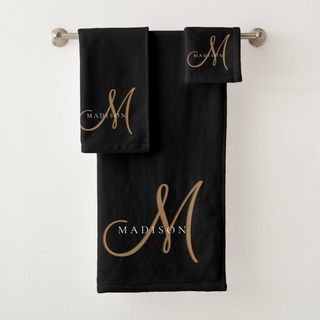 Fancy Stylish Black and Gold Monogram Script Bath Towel Set (Insitu)