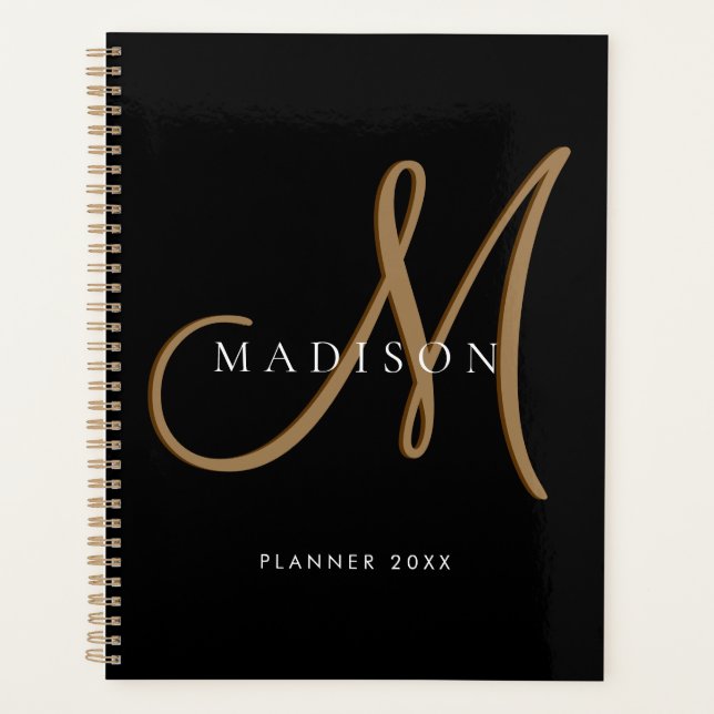 Fancy Stylish Black and Gold Monogram Script Planner (Front)