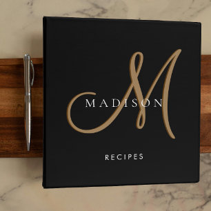 Fancy Stylish Black Gold Monogram Script Recipe Binder