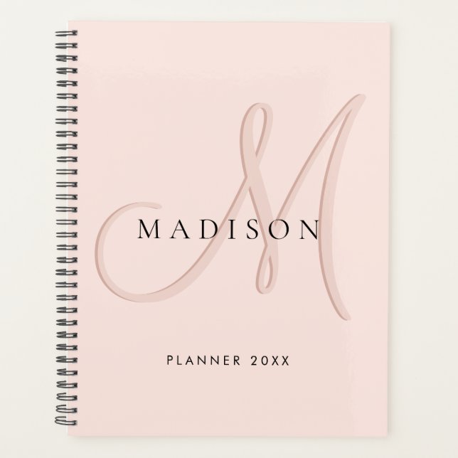 Fancy Stylish Blush Pink Monogram Script Planner (Front)