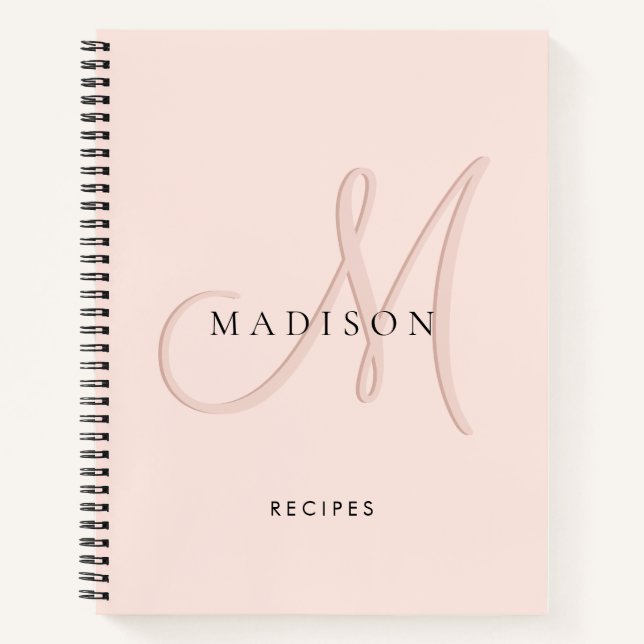 Fancy Stylish Blush Pink Monogram Script Recipe Notebook (Front)