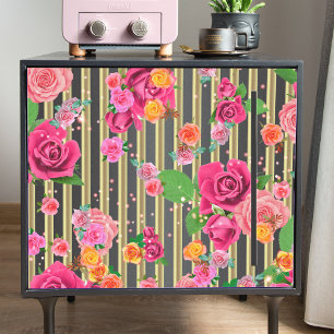 Fancy Stylish Chic Roses On Gold And Black Stripes Tissue Paper
