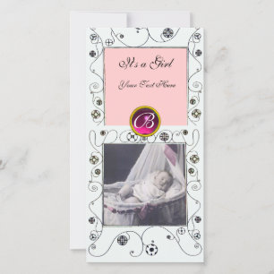 FANCY SWIRLS BABY GIRL MONOGRAM ,ruby white Announcement