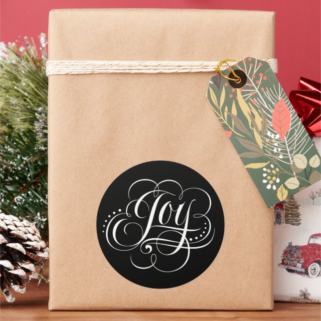 Fancy Swirly Joy Christmas Calligraphy Lettering Classic Round Sticker (Holiday)