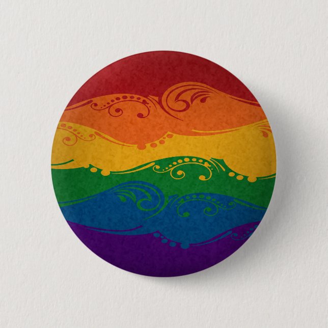 Fancy Swooped and Swirled LGBTQ Pride Rainbow Flag 2 Inch Round Button (Front)