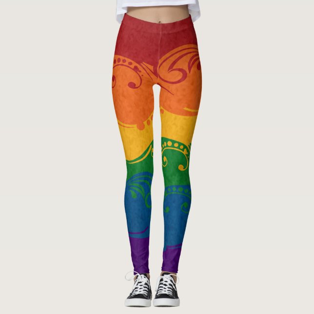 Fancy Swooped and Swirled LGBTQ Pride Rainbow Flag Leggings (Front)