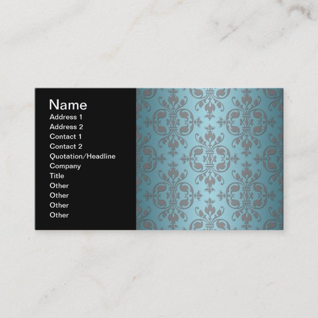 Fancy Teal Blue and Grey Damask Business Card (Front)