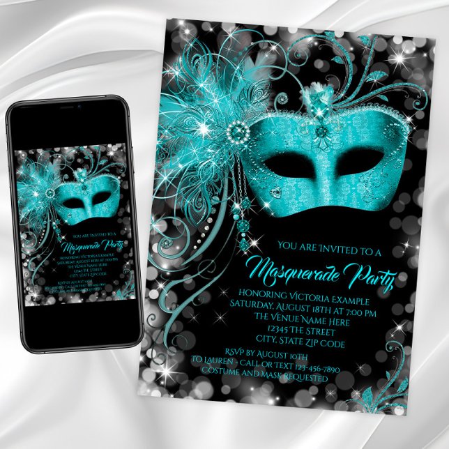 Fancy Teal Blue Glitter Masquerade Party  Invitation (Teal masquerade party invitations with jewel mask. Any number birthday masquerade or event.)