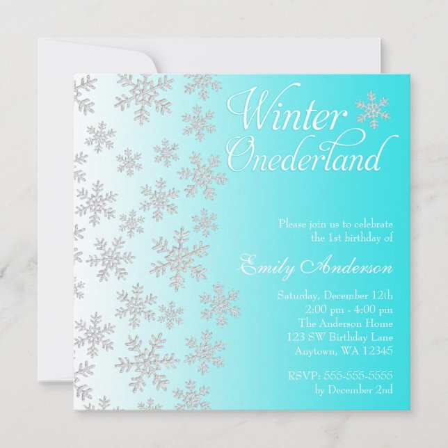 Fancy Teal Snowflakes Winter Onederland Birthday Invitation (Front)