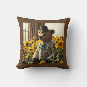 Fancy Teddy bear in the sunflowers Throw Pillow