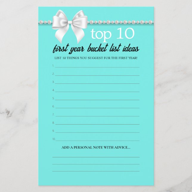 Fancy Tiffany Bucket List Advice Baby Shower Game (Front)