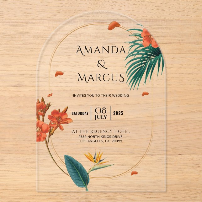 Fancy Tropical Flowers Wedding  Acrylic Invitations (Front)